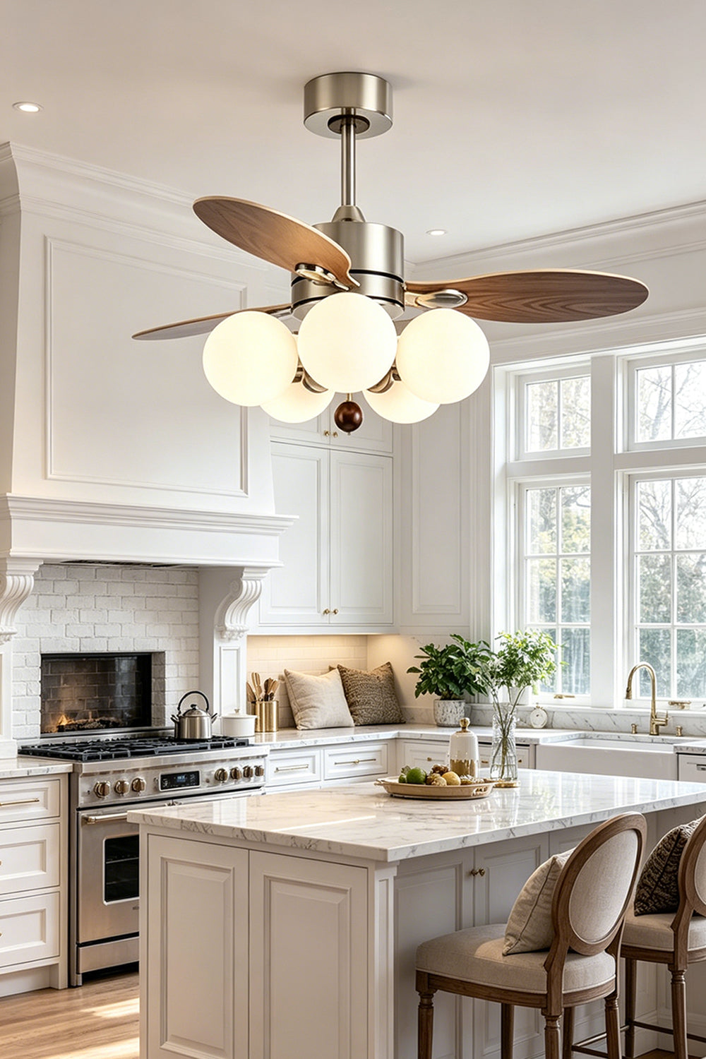 Keller Wooden Ceiling Fan Light | Wood, Glass, Metal | Suspended beautifully over a pristine white classical kitchen island counter with upholstered bar stools | Samu Lamp