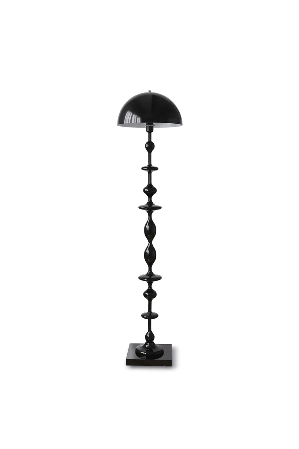 Kira Beaded Mushroom Floor Lamp | Metal, Glossy Finish | Isolated studio shot on a clean white background, showcasing the glossy black mushroom dome shade and geometric beaded sculptural stem | Samu Lamp