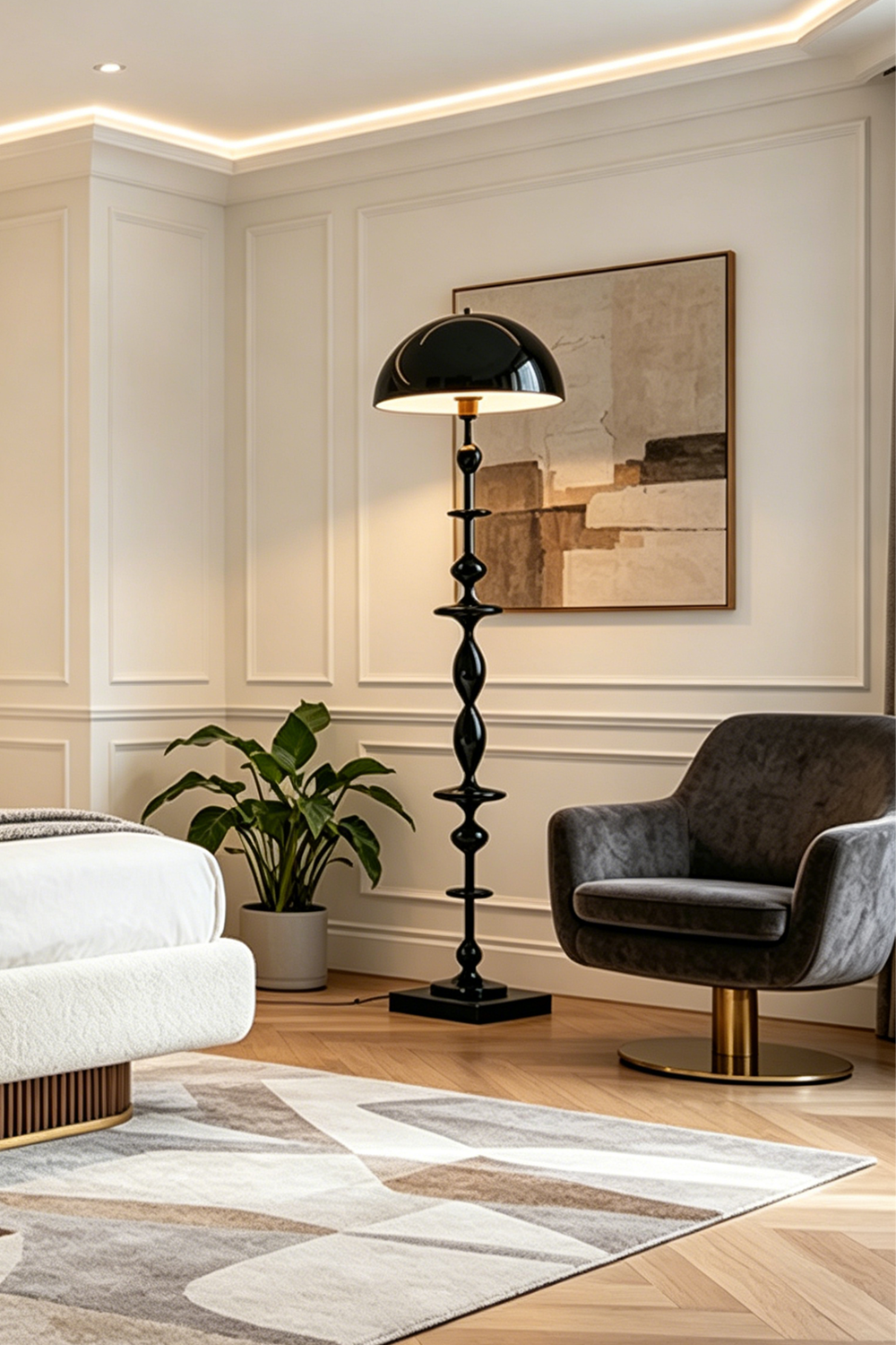 Kira Beaded Mushroom Floor Lamp | Metal, Glossy Finish | Styled in a minimalist lounge area next to a dark grey swivel armchair and abstract wall art | Samu Lamp