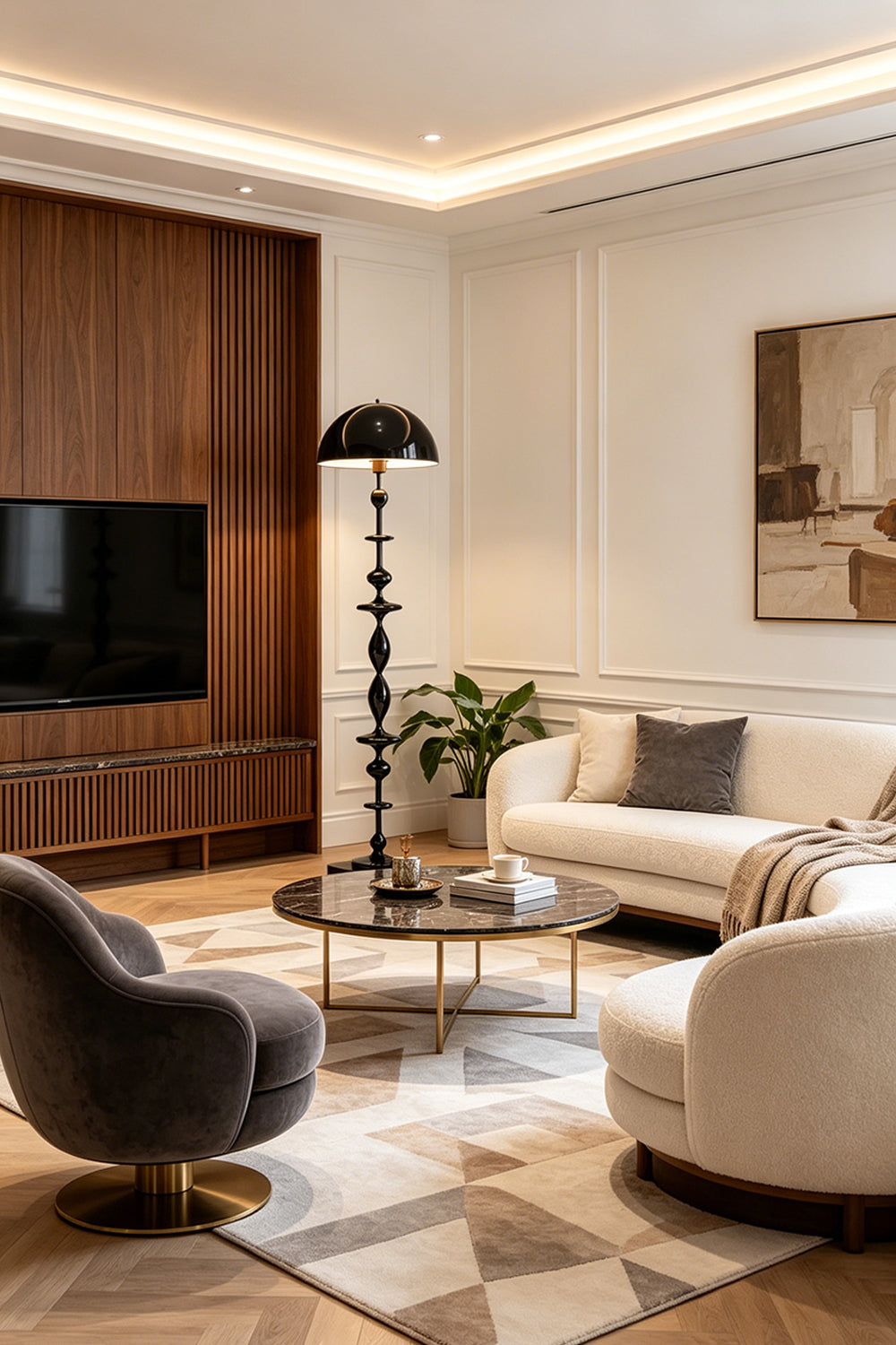 Kira Beaded Mushroom Floor Lamp | Metal, Glossy Finish | Set in a modern living space next to a chic grey armchair and minimalist coffee table, casting an upscale vibe | Samu Lamp