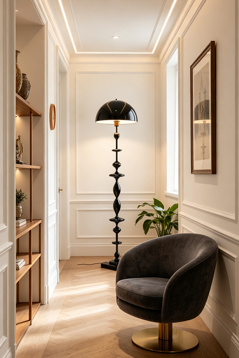 Kira Beaded Mushroom Floor Lamp | Metal, Glossy Finish | Placed as a statement piece in a bright hallway near a velvet accent armchair and built-in bookshelves | Samu Lamp