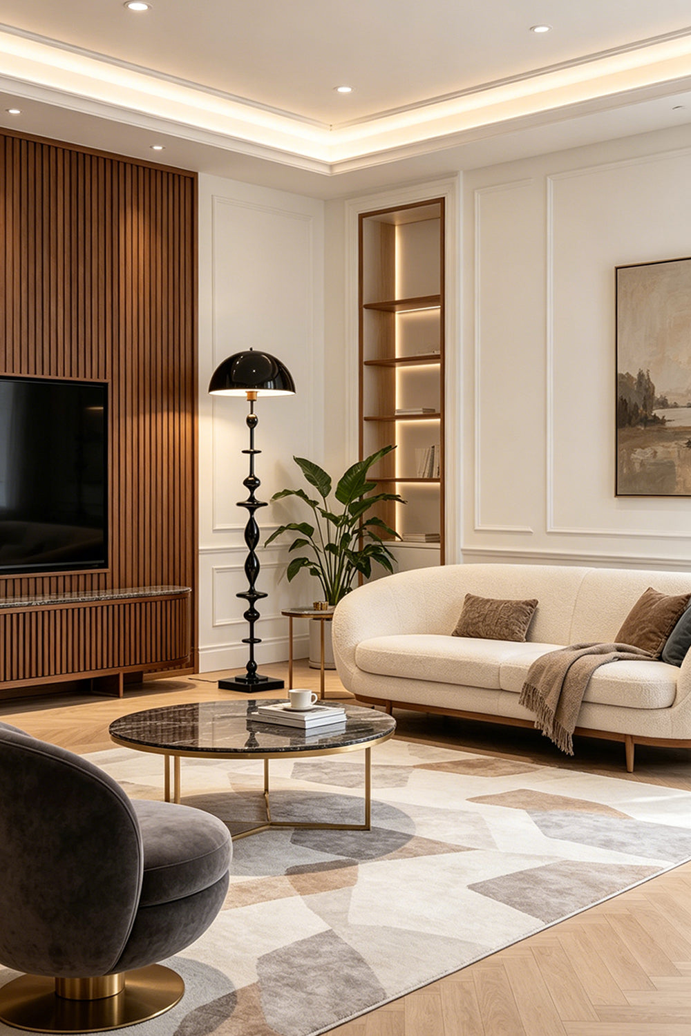 Kira Beaded Mushroom Floor Lamp | Metal, Glossy Finish | The black version standing in a contemporary living room featuring rich wood wall paneling and a cream sofa | Samu Lamp