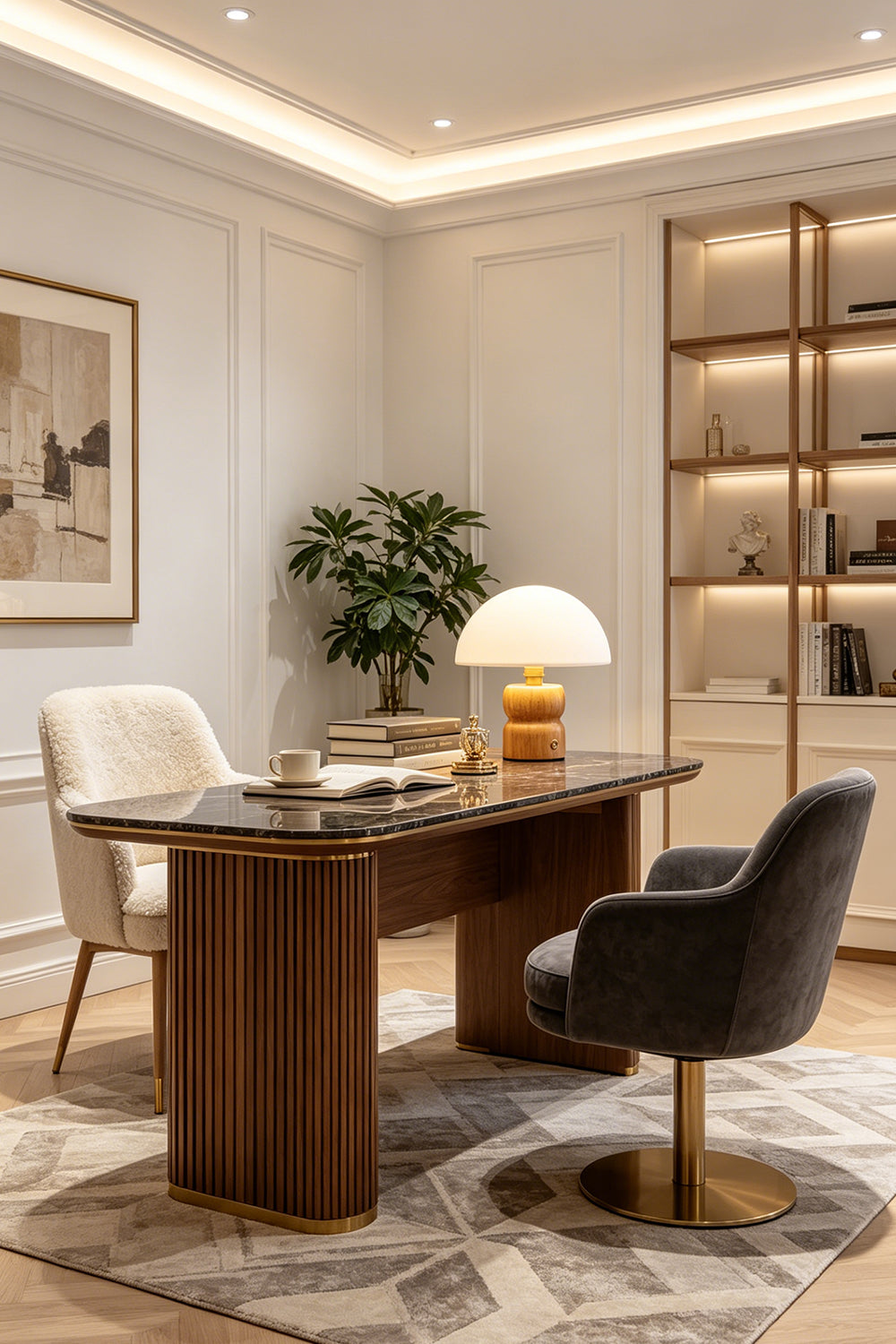 Kira Sculpted Mushroom Table Lamp | Wood, Glass | Positioned as a stylish task light on a fluted wood executive writing desk in a bright minimalist office space | Samu Lamp