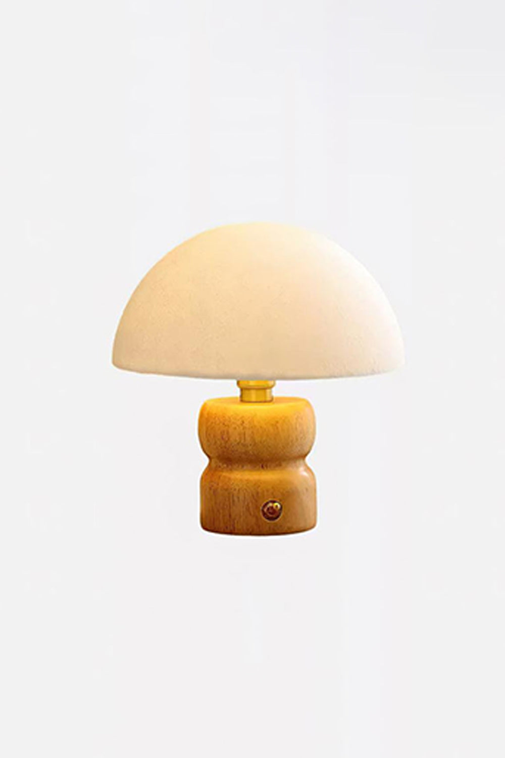 Kira Sculpted Mushroom Table Lamp | Wood, Glass | Studio mockup view of the fully illuminated mushroom table lamp centered against a neutral grey wall backdrop | Samu Lamp
