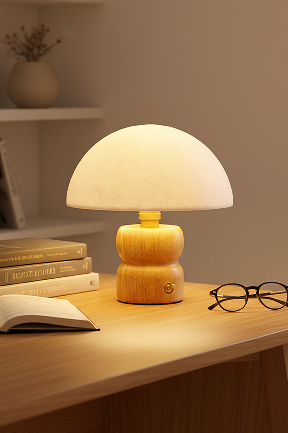 Kira Sculpted Mushroom Table Lamp | Wood, Glass | Close-up shot of the fully illuminated lamp casting a cozy golden glow on a desk with open books and glasses | Samu Lamp