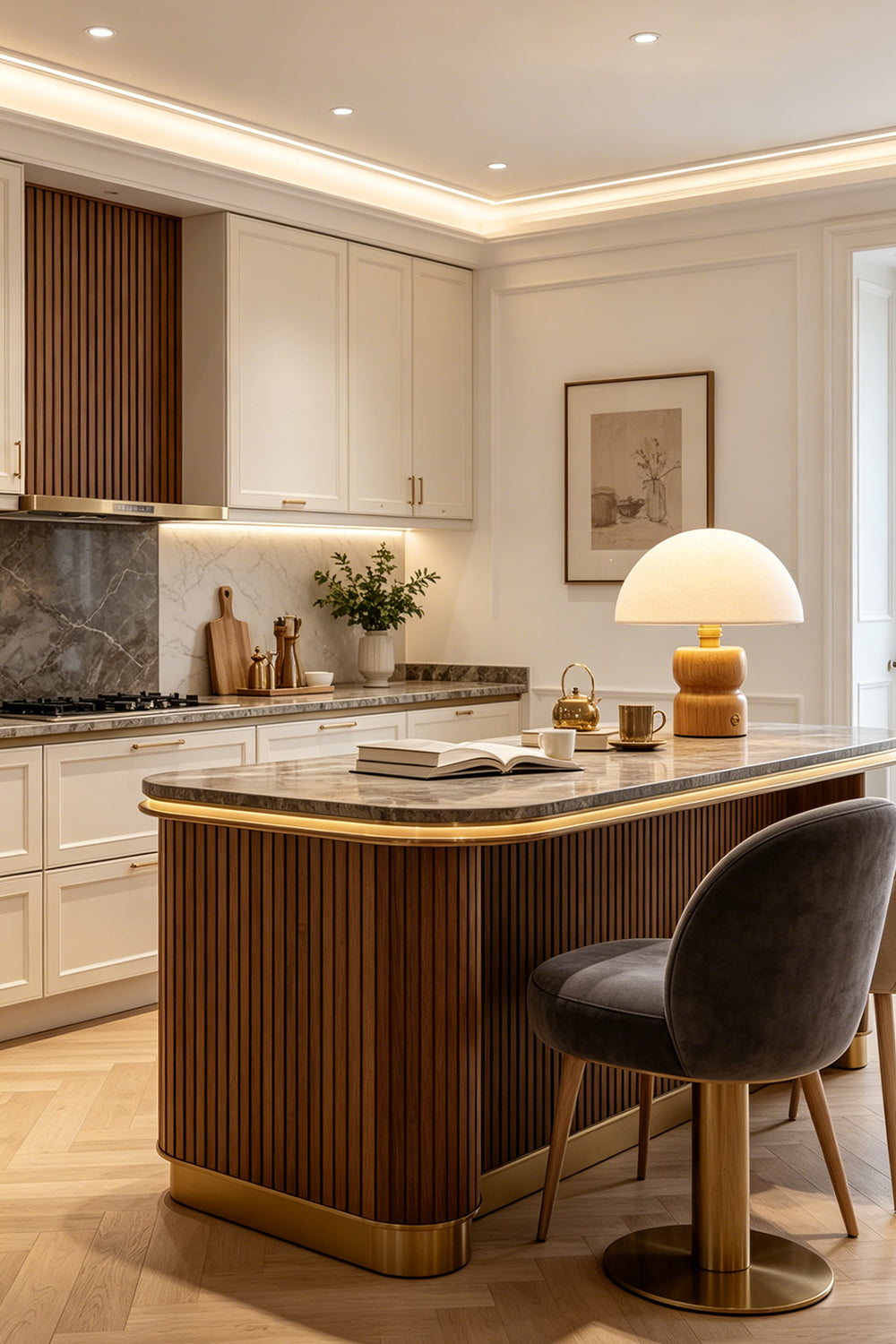Kira Sculpted Mushroom Table Lamp | Wood, Glass | Standing as a warm accent on a modern wood kitchen island with brass trims and dark upholstered bar stools | Samu Lamp