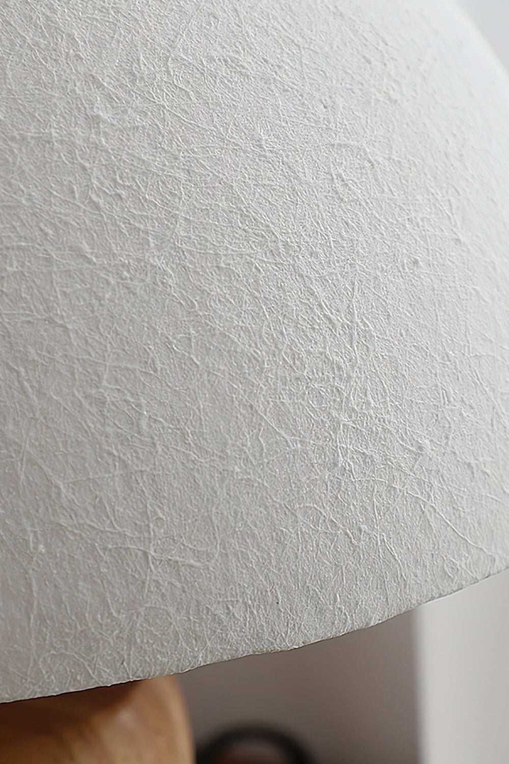 Kira Sculpted Mushroom Table Lamp | Wood, Glass | Macro close-up view highlighting the fine sand-textured stucco finish of the white dome glass lampshade | Detail shot | Samu Lamp