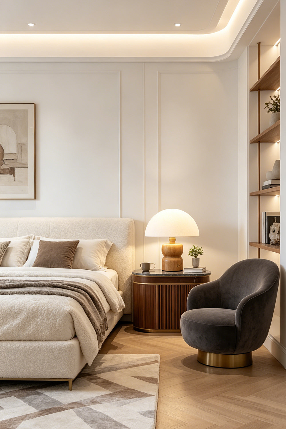 Kira Sculpted Mushroom Table Lamp | Wood, Glass | Placed as cozy bedside lighting on a dark wood nightstand next to a plush bed and a grey velvet accent chair | Samu Lamp