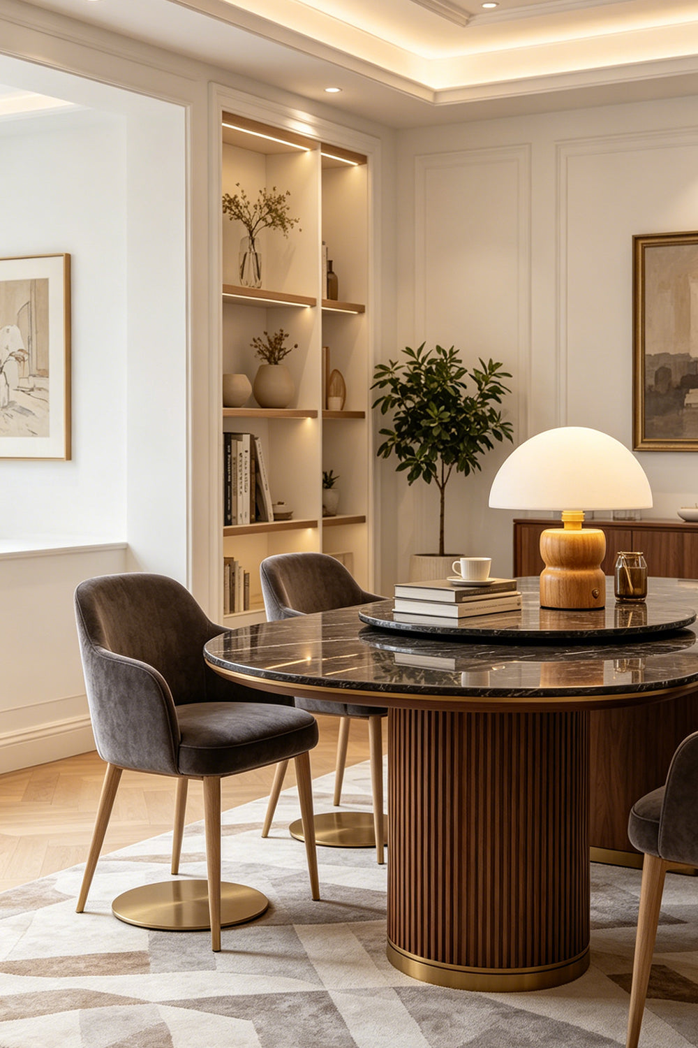 Kira Sculpted Mushroom Table Lamp | Wood, Glass | Serving as a sophisticated centerpiece on a round fluted dark wood dining table surrounded by velvet chairs | Samu Lamp