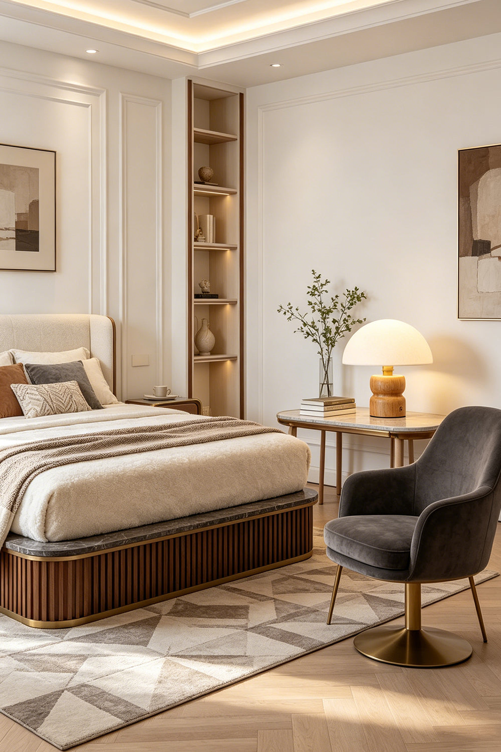 Kira Sculpted Mushroom Table Lamp | Wood, Glass | Wide perspective of an elegant contemporary bedroom showcasing the lamp providing a warm glow on the bedside table | Samu Lamp