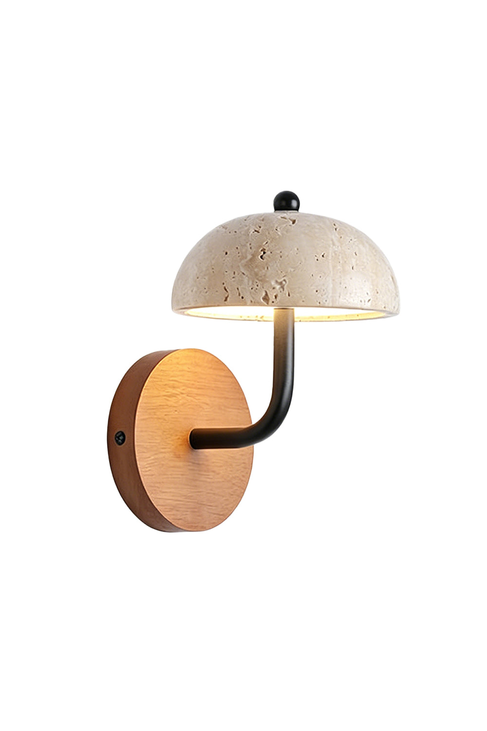 Koba Travertine Mushroom Wall Lamp | Travertine, Wood, Metal | Minimalist mushroom-shaped beige travertine shade with a curved black metal arm and a round oak wood backplate | Isolated product shot on white background | Samu Lamp