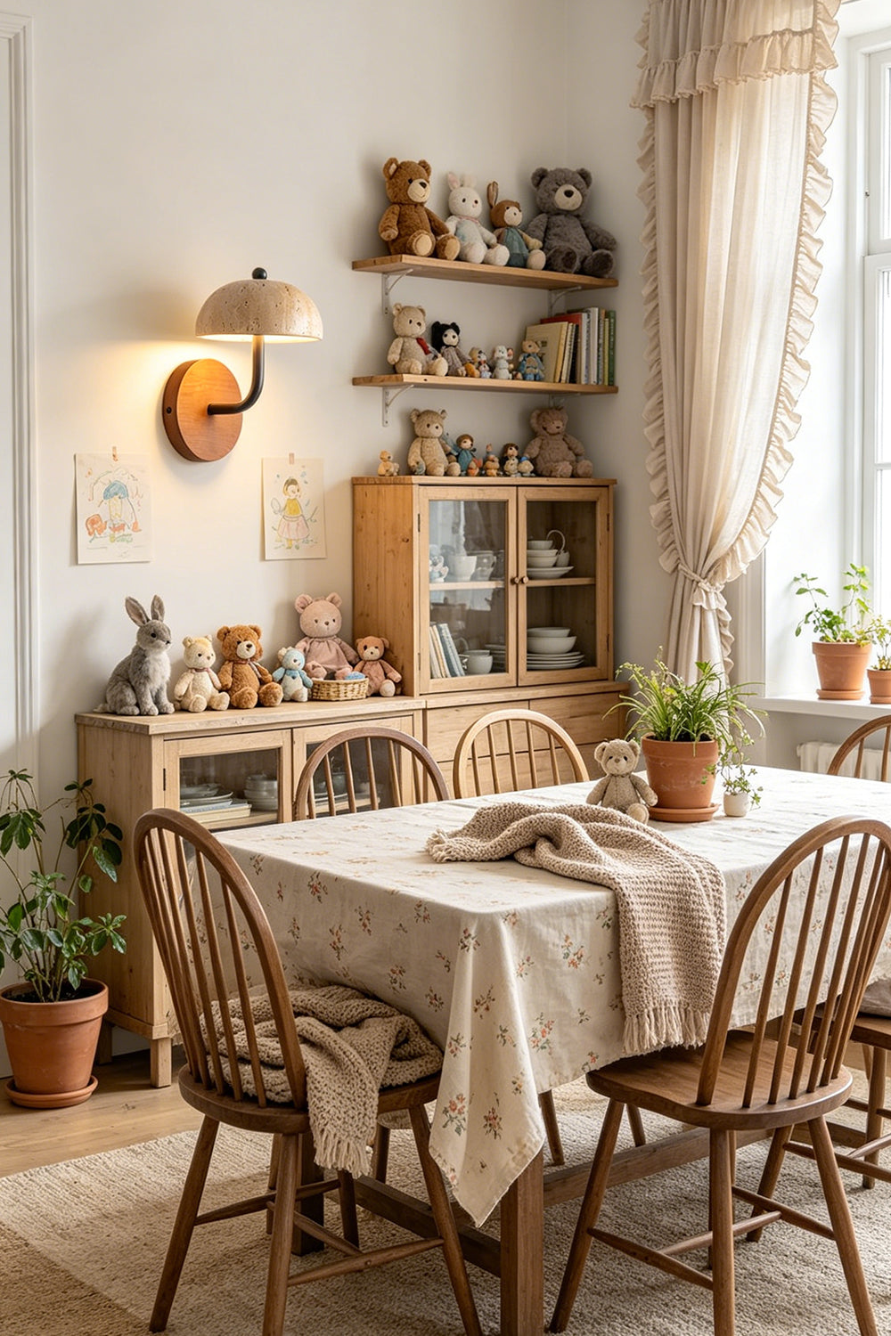 Koba Travertine Mushroom Wall Lamp | Travertine, Wood, Metal | Casting a warm accent glow on a wall in a rustic dining room with a linen-covered table and wooden chairs | Samu Lamp