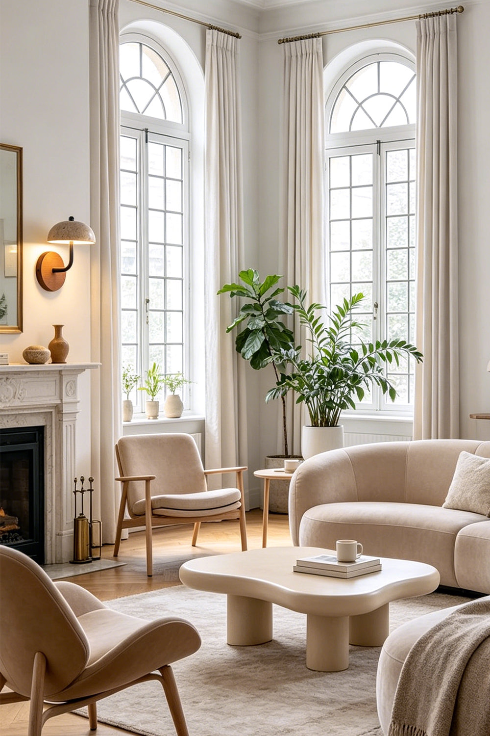Koba Travertine Mushroom Wall Lamp | Travertine, Wood, Metal | Installed as elegant accent lighting in a bright classic living room with cream sofas and arched windows | Samu Lamp