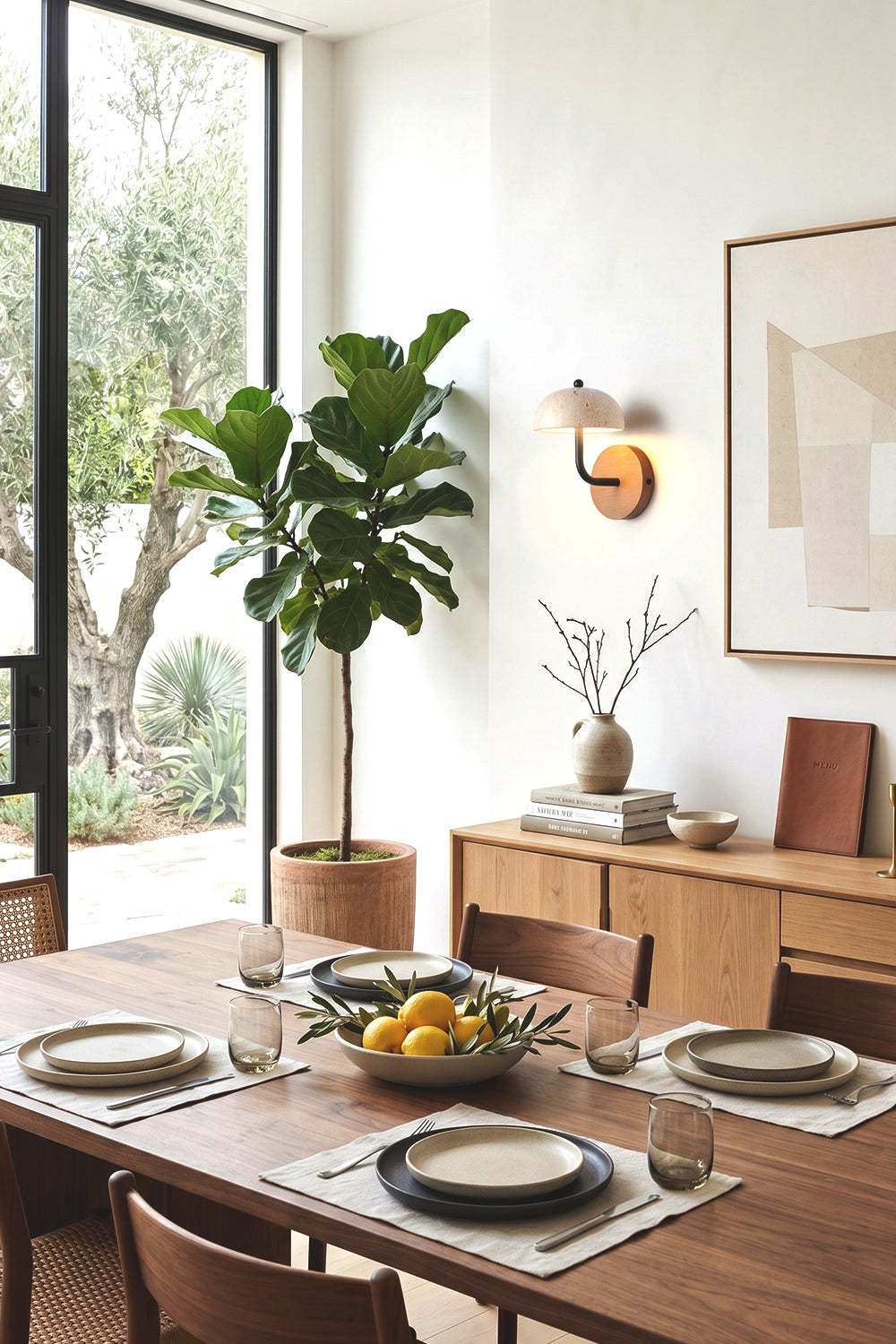 Koba Travertine Mushroom Wall Lamp | Travertine, Wood, Metal | Providing warm ambient lighting on a wall adjacent to a long wooden dining table and a large fiddle-leaf fig tree | Samu Lamp