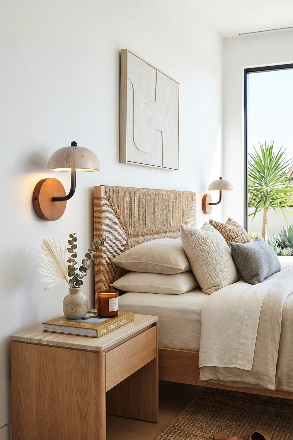 Koba Travertine Mushroom Wall Lamp | Travertine, Wood, Metal | Positioned over a light wood bedside table next to a woven rattan headboard bed under soft lighting | Samu Lamp