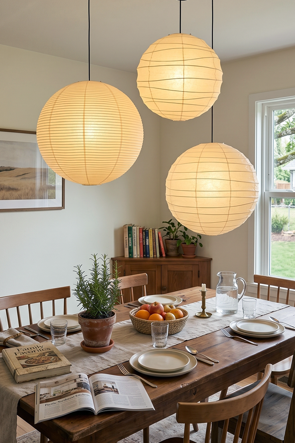Komorebi Mulberry Paper Pendant Light | Paper, Bamboo | A trio of spherical paper lantern pendants casting a warm glow over a rustic wooden dining table decorated for a meal | Samu Lamp