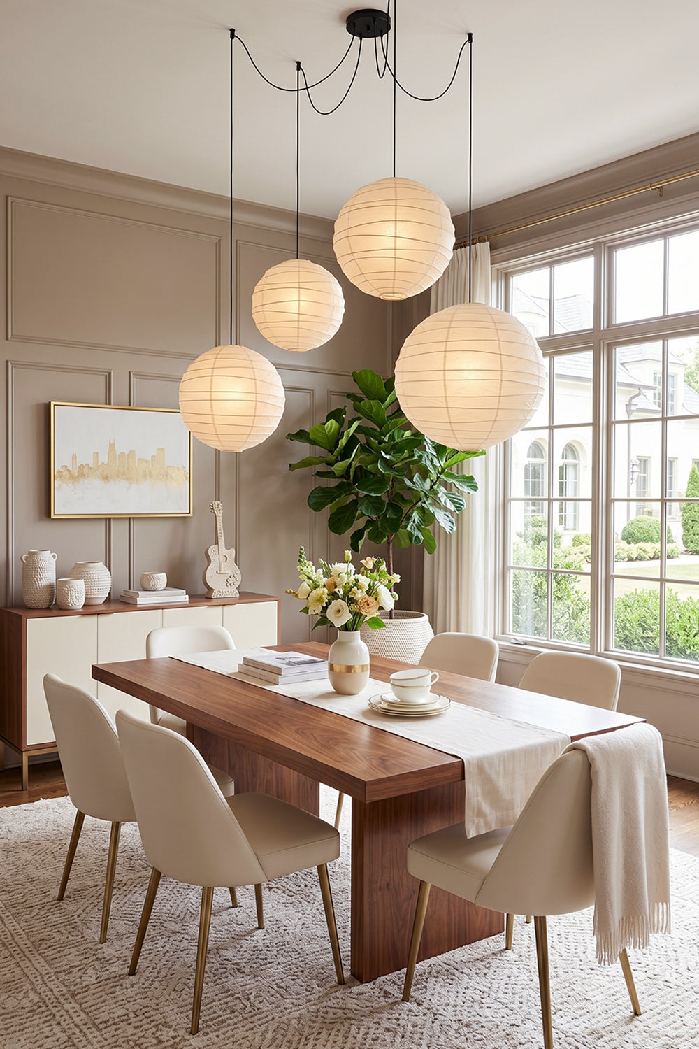 Komorebi Mulberry Paper Pendant Light | Paper, Bamboo | A dramatic cluster of three large paper lantern shades illuminating a sophisticated farmhouse-style dining area | Samu Lamp