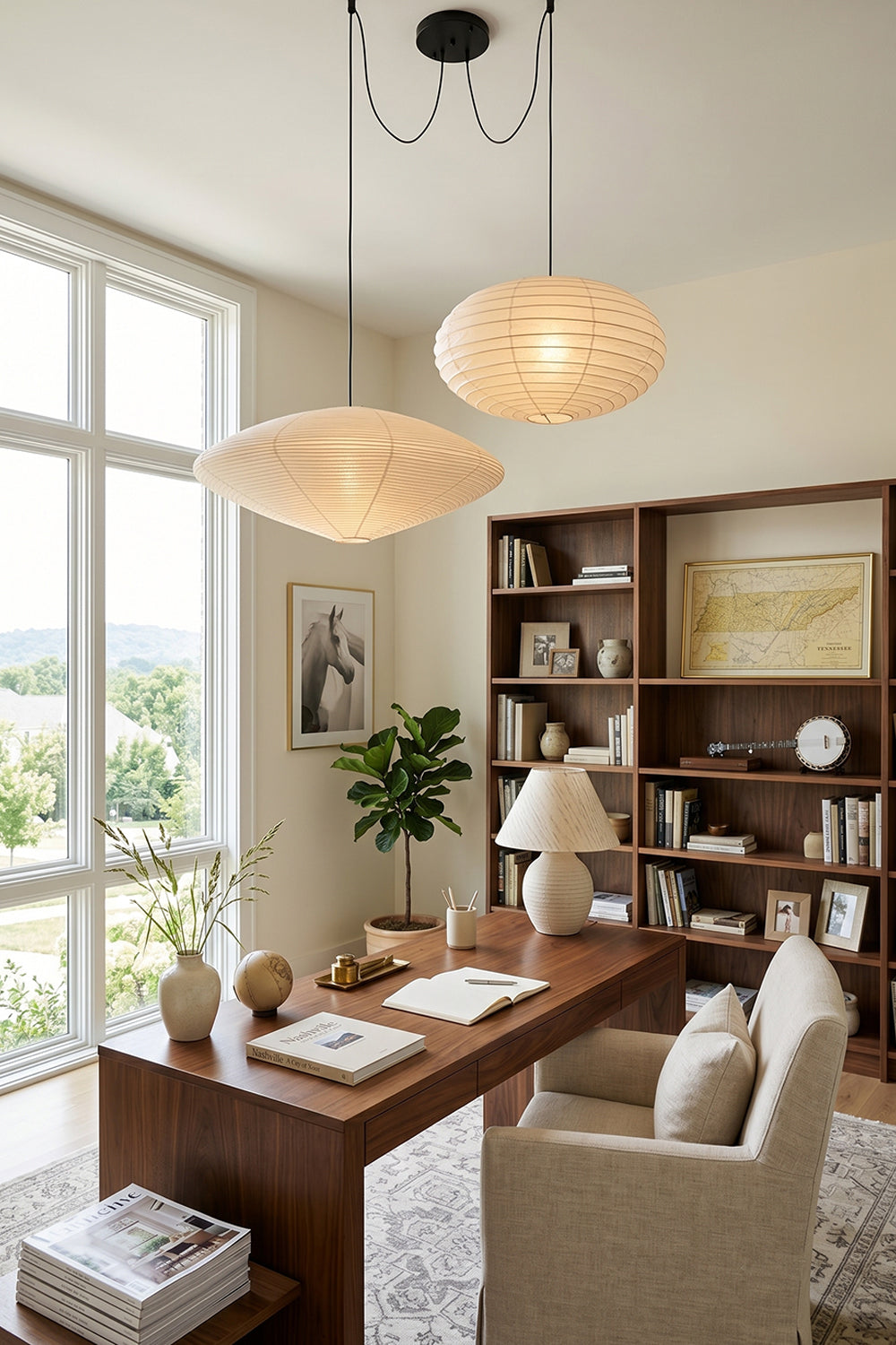 Komorebi Mulberry Paper Pendant Light | Paper, Bamboo | Two organic paper ovals providing soft ambient light in a modern home study room above a dark wood executive desk | Samu Lamp