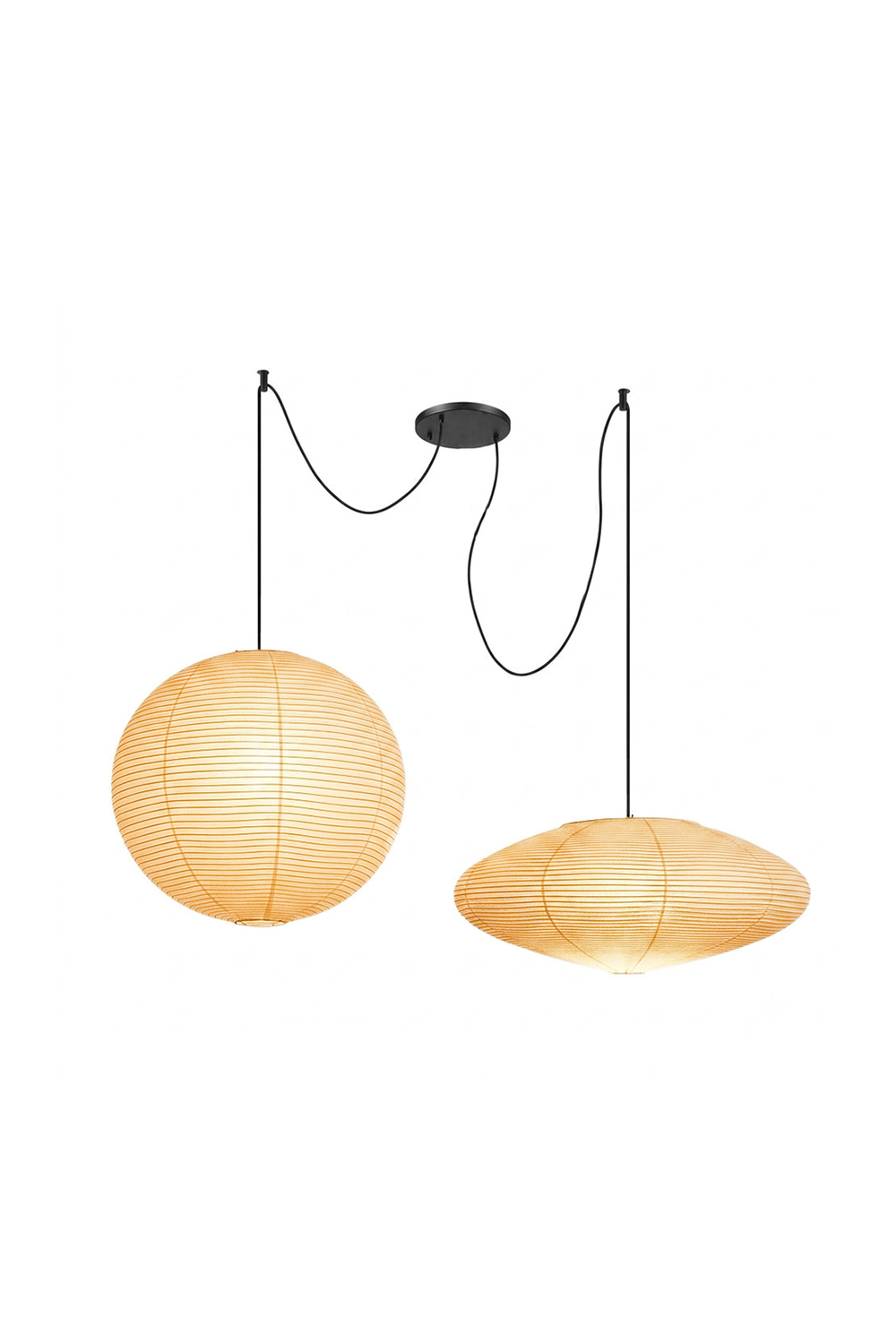 Komorebi Mulberry Paper Pendant Light | Paper, Bamboo | Studio view of a lit 2-light organic paper lantern combination throwing a warm white glow on a plain backdrop | Samu Lamp