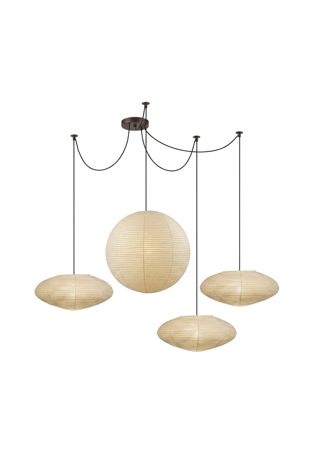 Komorebi Mulberry Paper Pendant Light | Paper, Bamboo | Studio view of an unlit 4-light multi-pendant cluster system combining different geometric paper lantern shapes | Samu Lamp