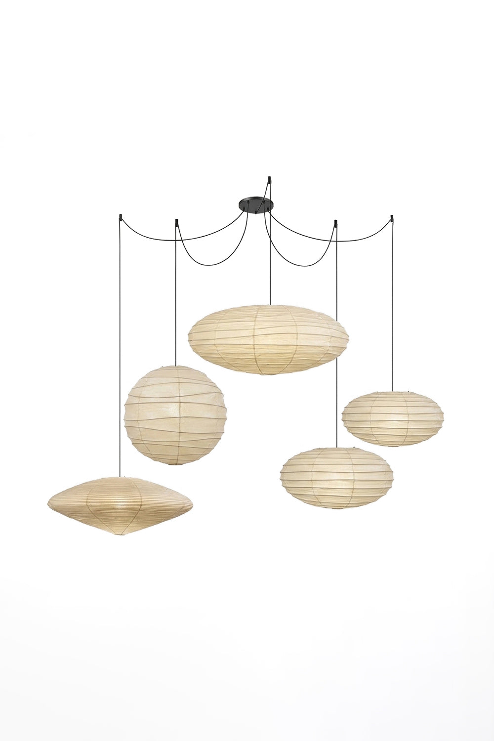 Komorebi Mulberry Paper Pendant Light | Paper, Bamboo | Studio view of an unlit 5-light cascading paper lantern chandelier system against a plain white background | Samu Lamp