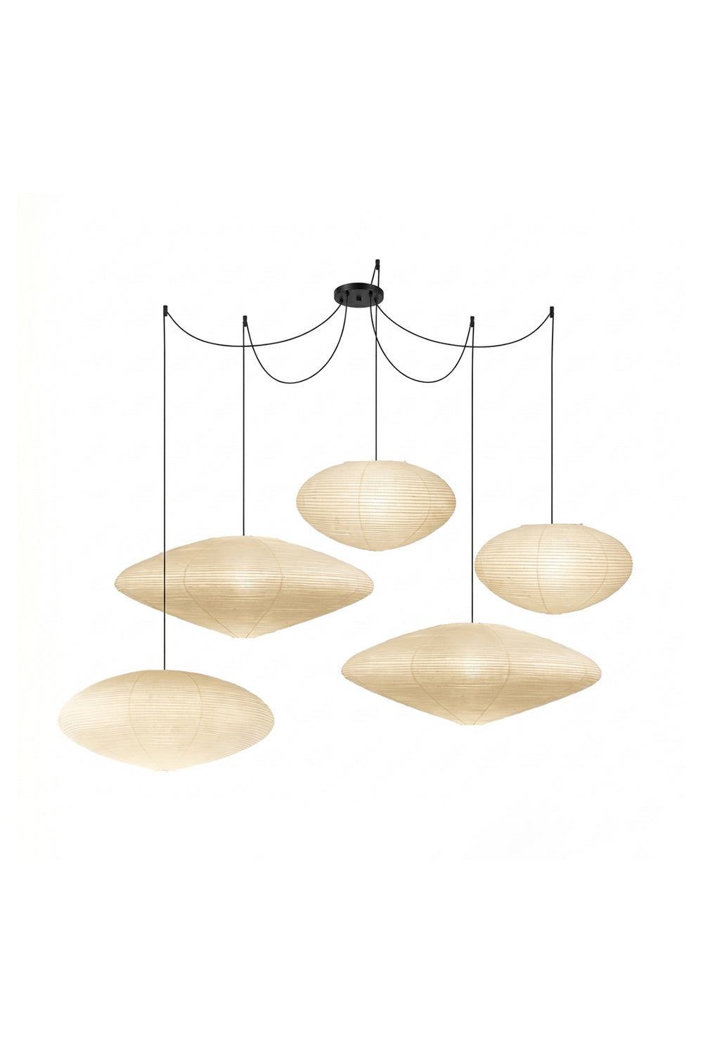 Komorebi Mulberry Paper Pendant Light | Paper, Bamboo | Studio view of an unlit 4-light cluster variant showcasing varied wide saucer-shaped paper lantern modules | Samu Lamp