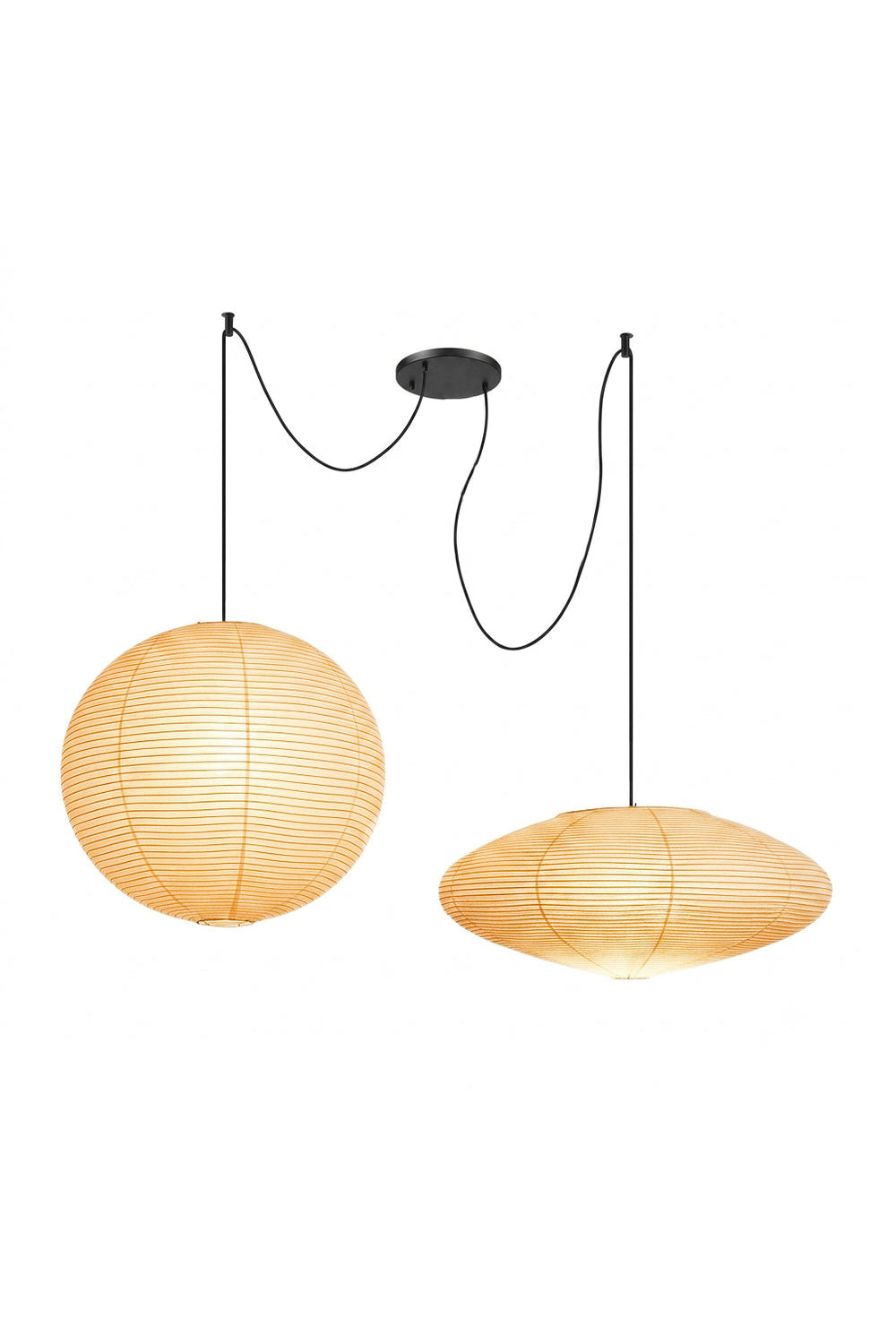 Komorebi Mulberry Paper Pendant Light | Paper, Bamboo | Isolated lit view of a 2-light Japandi style pendant system featuring a spherical and an elongated saucer-shaped mulberry paper lantern suspended by black swag cords from a single ceiling canopy | White background | Samu Lamp