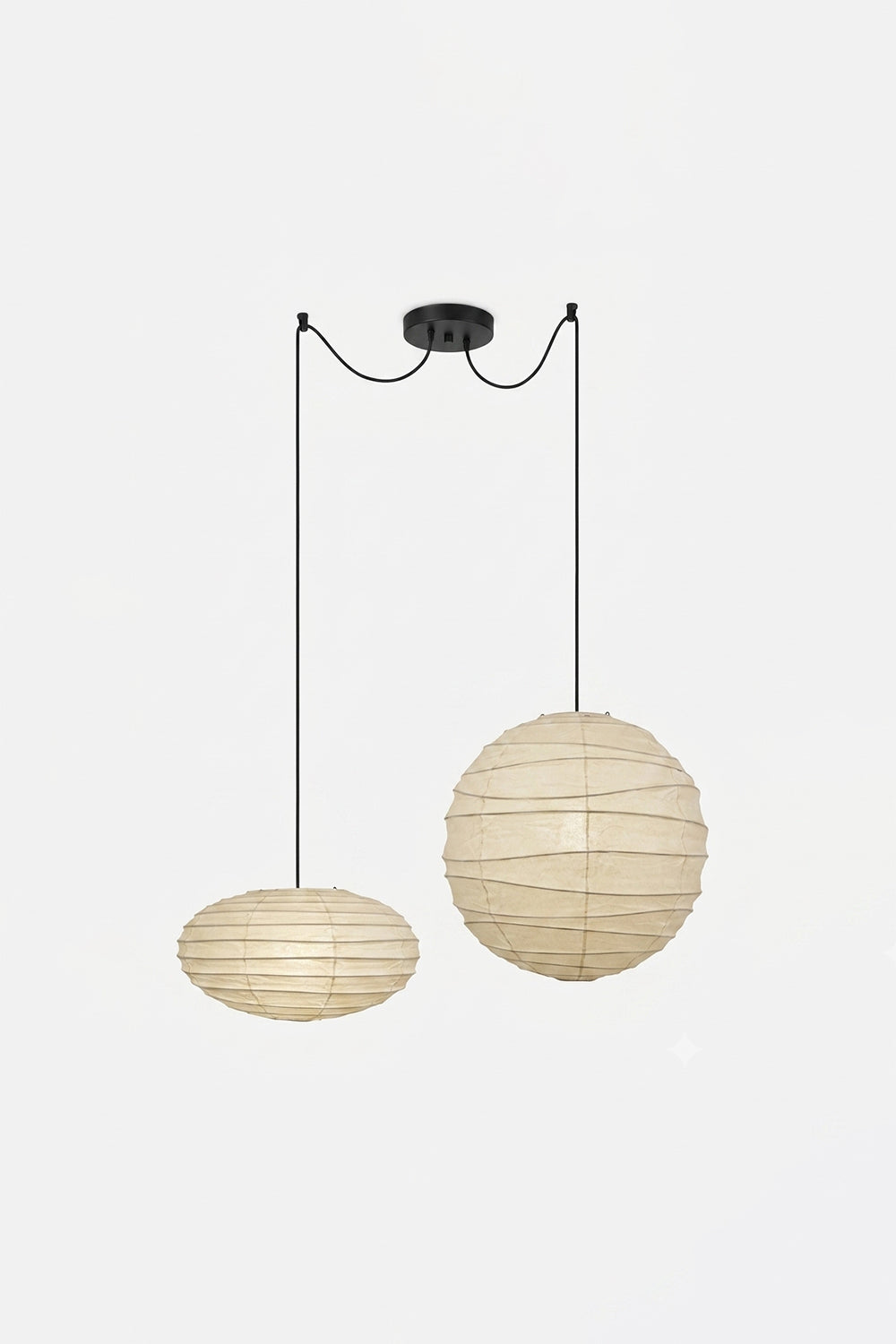 Komorebi Mulberry Paper Pendant Light | Paper, Bamboo | Studio view of a lit 2-light swag pendant combination featuring a wide saucer and a spherical paper lantern shade | Samu Lamp