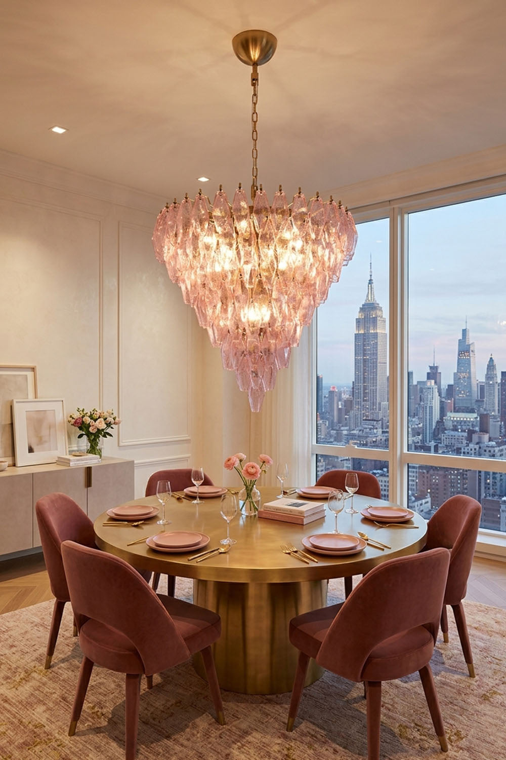 Lauragne Pink Faceted Glass Cascade Chandelier | Pink Faceted Glass and Brass | Displayed above a dining table with burgundy velvet chairs and city views | Samu Lamp