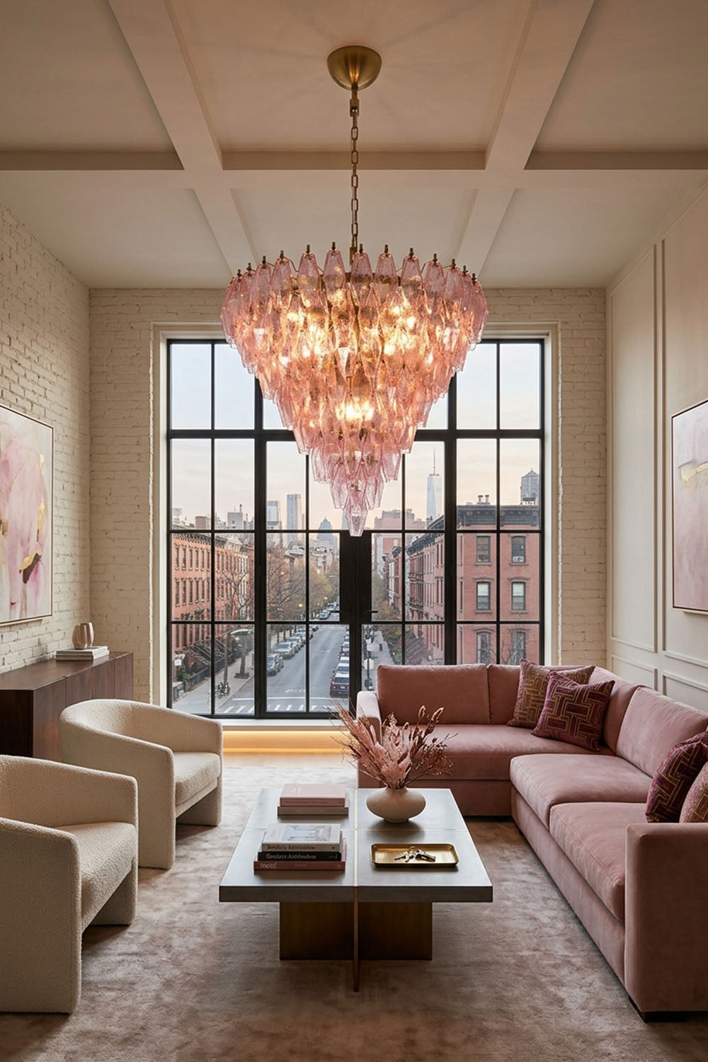 Lauragne Pink Faceted Glass Cascade Chandelier | Pink Faceted Glass and Brass | Placed in a modern living room with L-shaped sofa and large window | Samu Lamp
