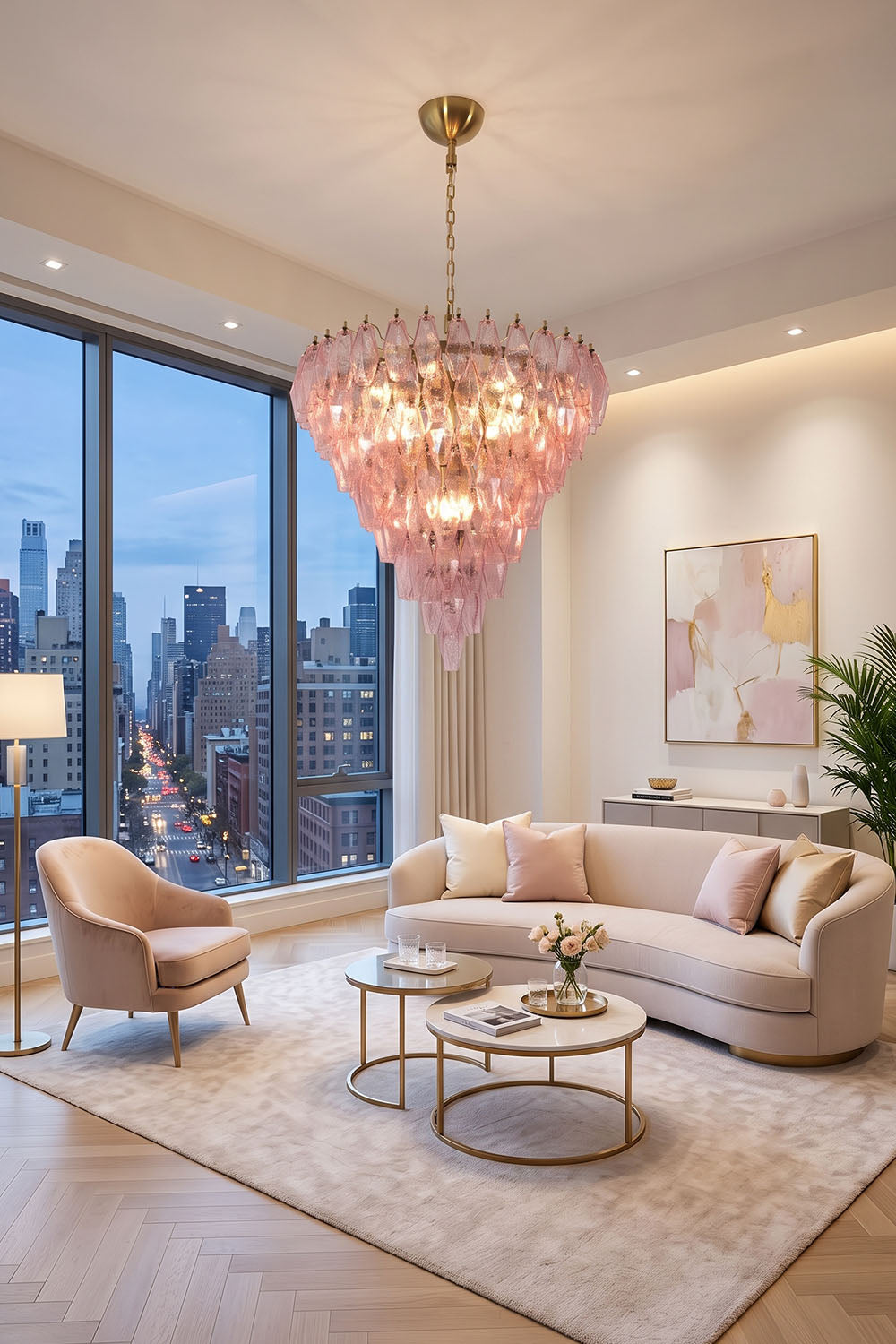 Lauragne Pink Faceted Glass Cascade Chandelier | Pink Faceted Glass and Brass | Displayed in a luxury living room with beige sofas and city views | Samu Lamp