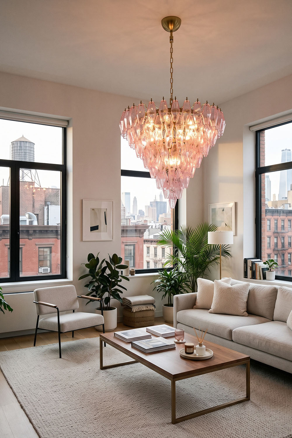 Lauragne Pink Faceted Glass Cascade Chandelier | Pink Faceted Glass and Brass | Centered in a contemporary living room with coffee table and plants | Samu Lamp