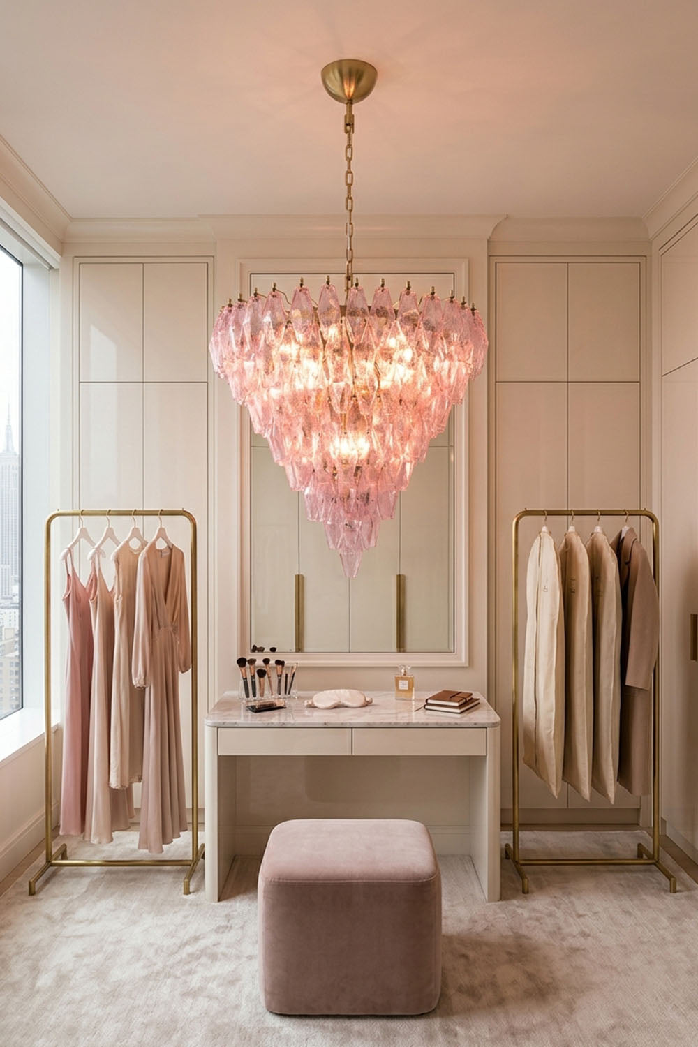Lauragne Pink Faceted Glass Cascade Chandelier | Pink Faceted Glass and Brass | Hanging in a dressing room area above a vanity table and stool | Samu Lamp