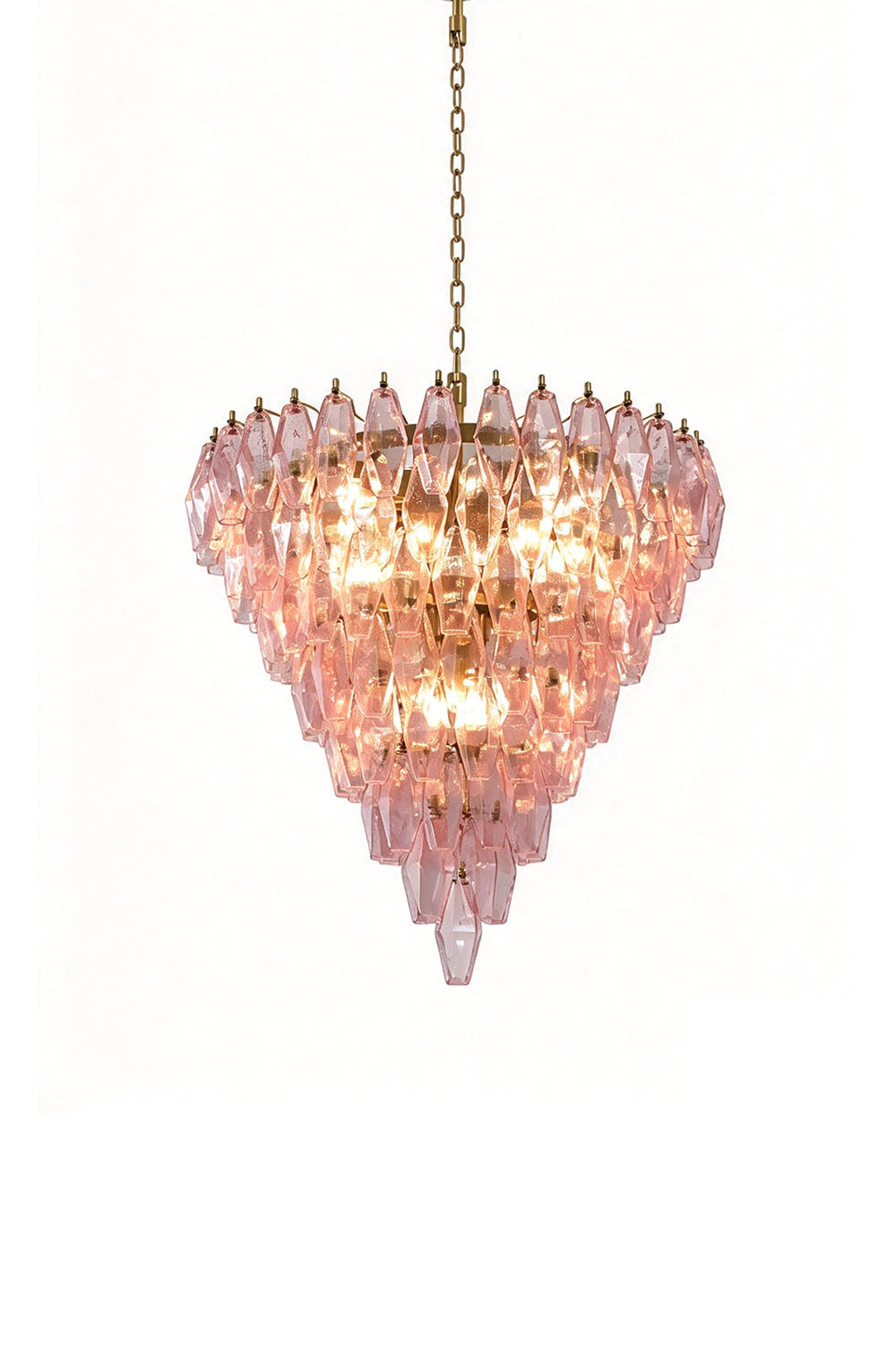Lauragne Pink Faceted Glass Cascade Chandelier | Pink Faceted Glass and Brass | Front full view on a pure white background, illuminated | Samu Lamp