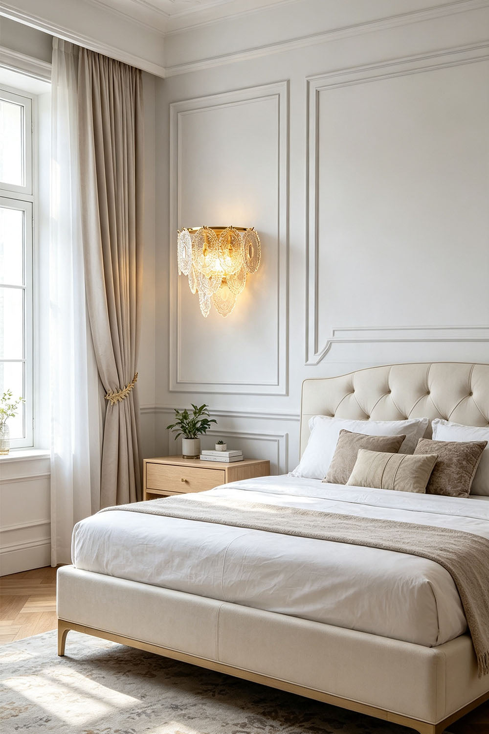 Lavinia Pressed Glass Tier Wall Sconce | Pressed Glass and Brass | Displayed on a wall beside a comfortable bed in a bright bedroom | Samu Lamp