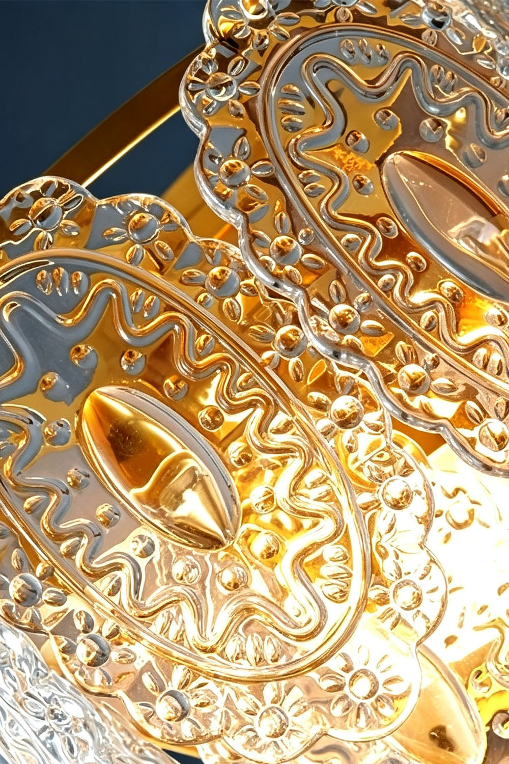 Lavinia Pressed Glass Tier Wall Sconce | Pressed Glass and Brass | Close-up view highlighting the intricate pressed glass patterns | Samu Lamp