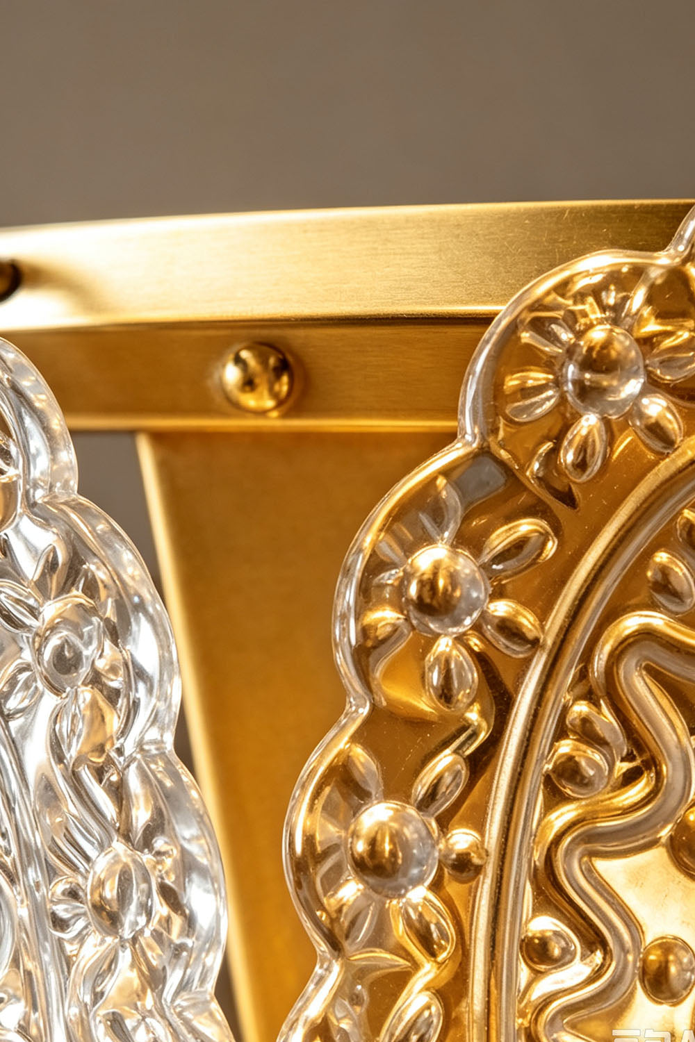 Lavinia Pressed Glass Tier Wall Sconce | Pressed Glass and Brass | Detail shot showing the brass metal frame and glass attachments | Samu Lamp