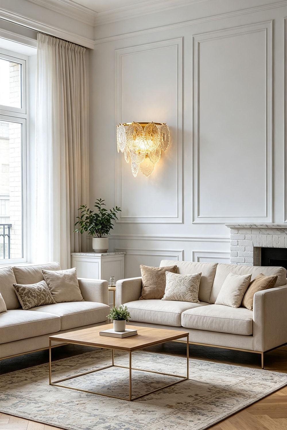 Lavinia Pressed Glass Tier Wall Sconce | Pressed Glass and Brass | Decorating an elegant living room wall above a cozy seating area | Samu Lamp