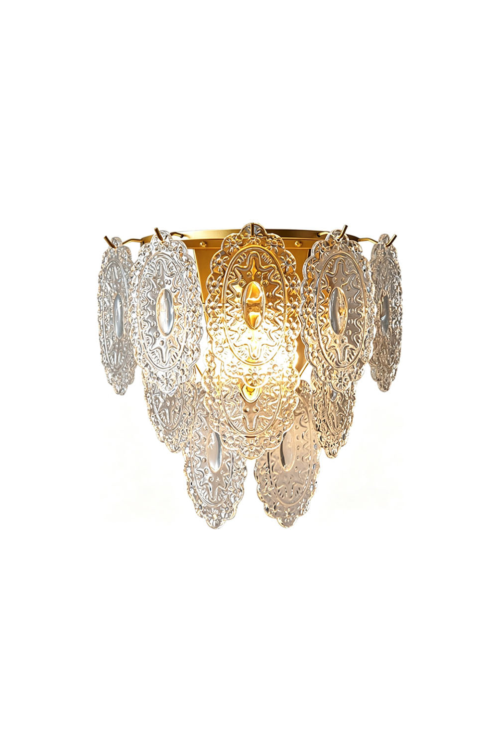 Lavinia Pressed Glass Tier Wall Sconce | Pressed Glass and Brass | Front full view on a pure white background, illuminated | Samu Lamp
