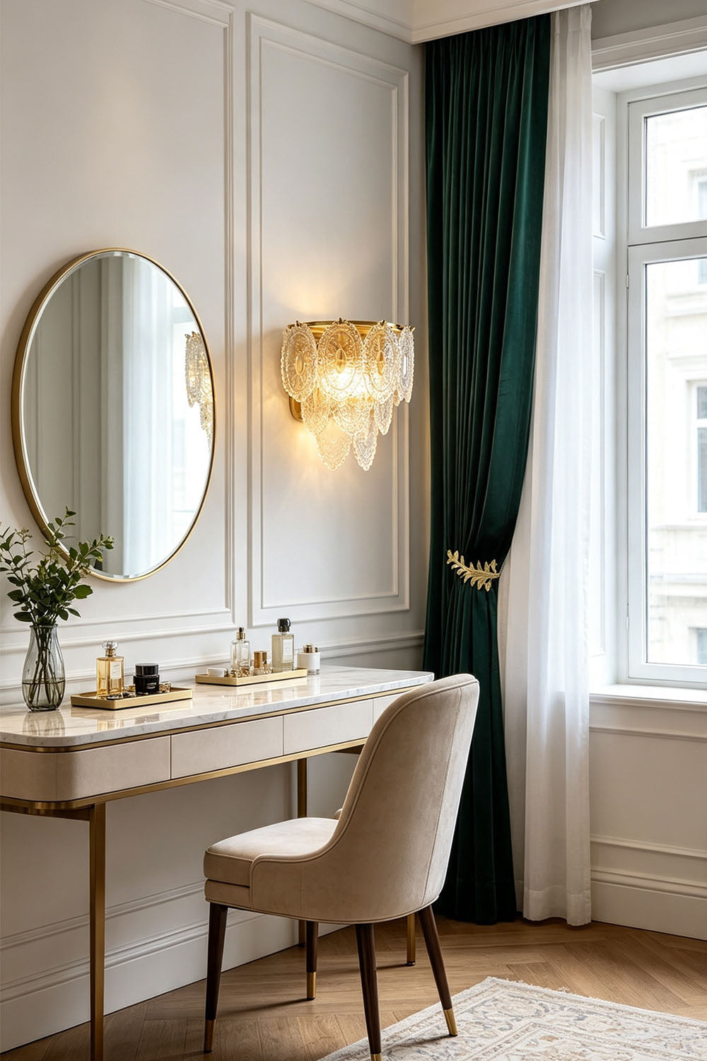 Lavinia Pressed Glass Tier Wall Sconce | Pressed Glass and Brass | Mounted on a wall beside a round mirror over a vanity dressing table | Samu Lamp