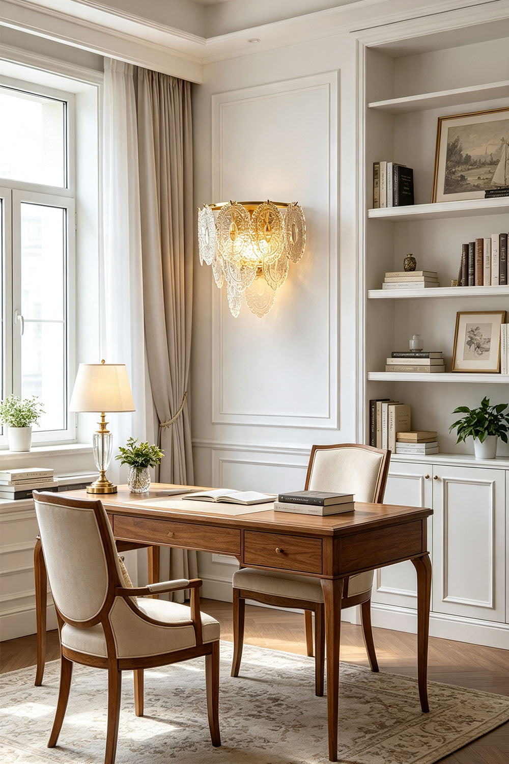 Lavinia Pressed Glass Tier Wall Sconce | Pressed Glass and Brass | Illuminating a home office space above a wooden desk near a window | Samu Lamp