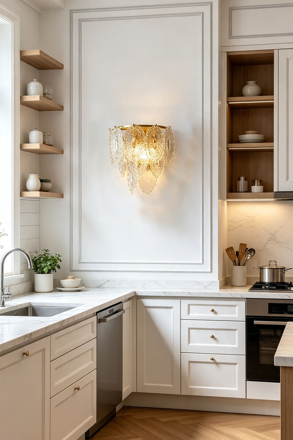 Lavinia Pressed Glass Tier Wall Sconce | Pressed Glass and Brass | Enhancing a modern white kitchen wall above a wooden counter | Samu Lamp