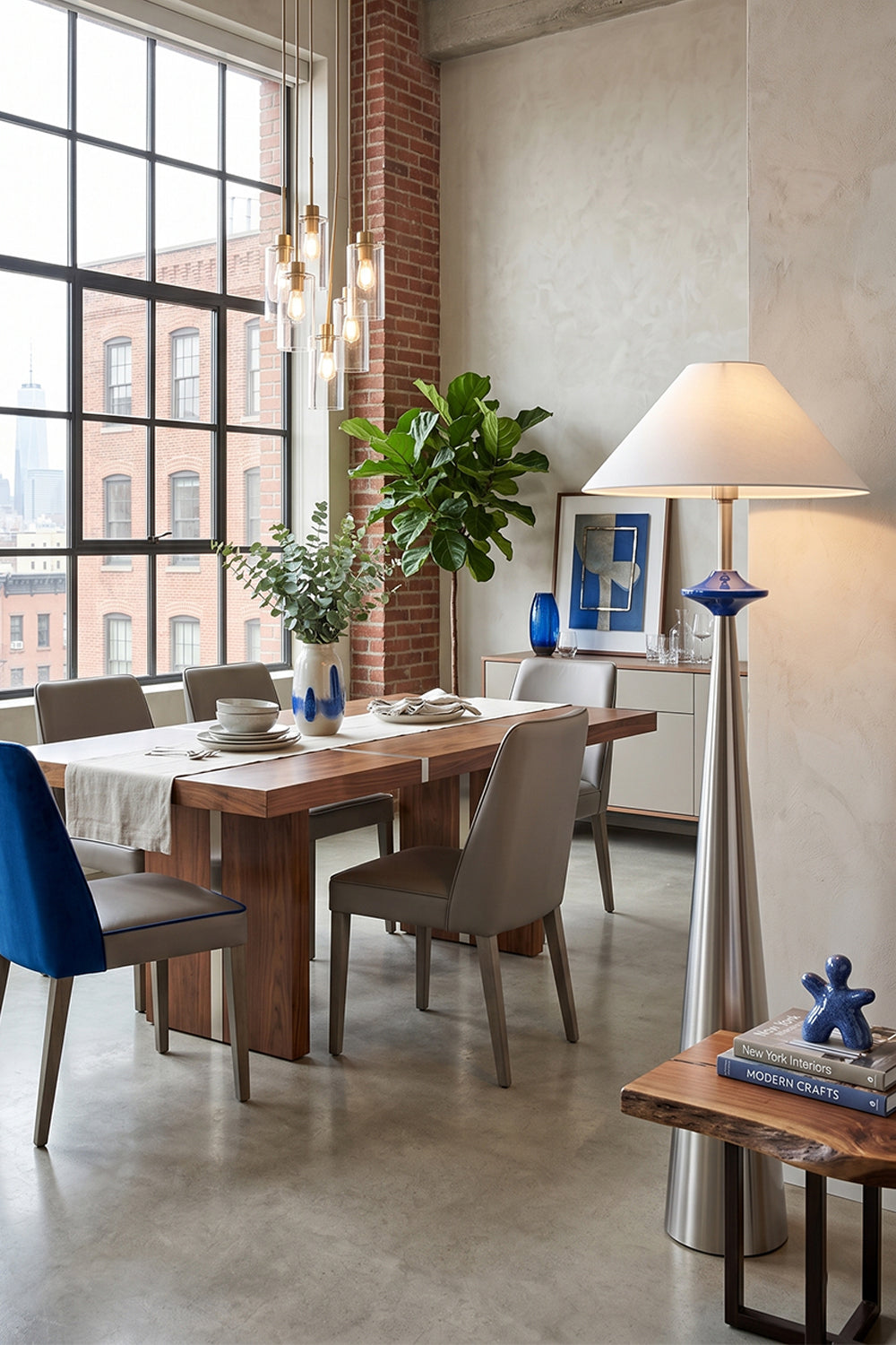 Lazuro Postmodern Cone Floor Light | Metal, Fabric | Positioned beautifully in a spacious bright dining space near a long wooden table and coordinating blue accents | Samu Lamp