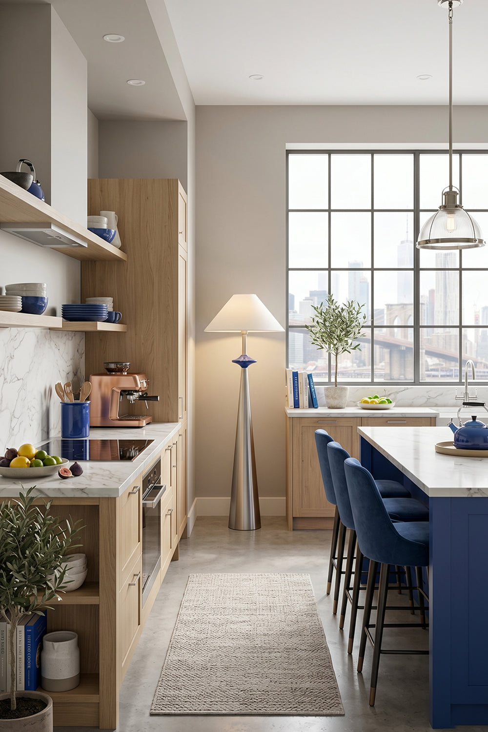 Lazuro Postmodern Cone Floor Light | Metal, Fabric | Staged in a contemporary kitchen alleyway near minimalist wood cabinetry and a kitchen island with navy blue stools | Samu Lamp