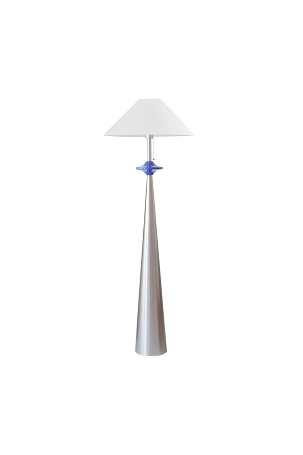 Lazuro Postmodern Cone Floor Light | Metal, Fabric | Isolated unlit view of a postmodern floor lamp featuring a tall tapered silver chrome conical base, a distinctive cobalt blue puck accent, and a white cone shade | White background | Samu Lamp