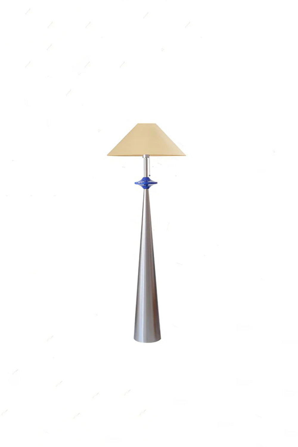 Lazuro Postmodern Cone Floor Light | Metal, Fabric | Isolated studio shot of the floor lamp illuminated with a warm yellowish glow on a solid white backdrop | Samu Lamp