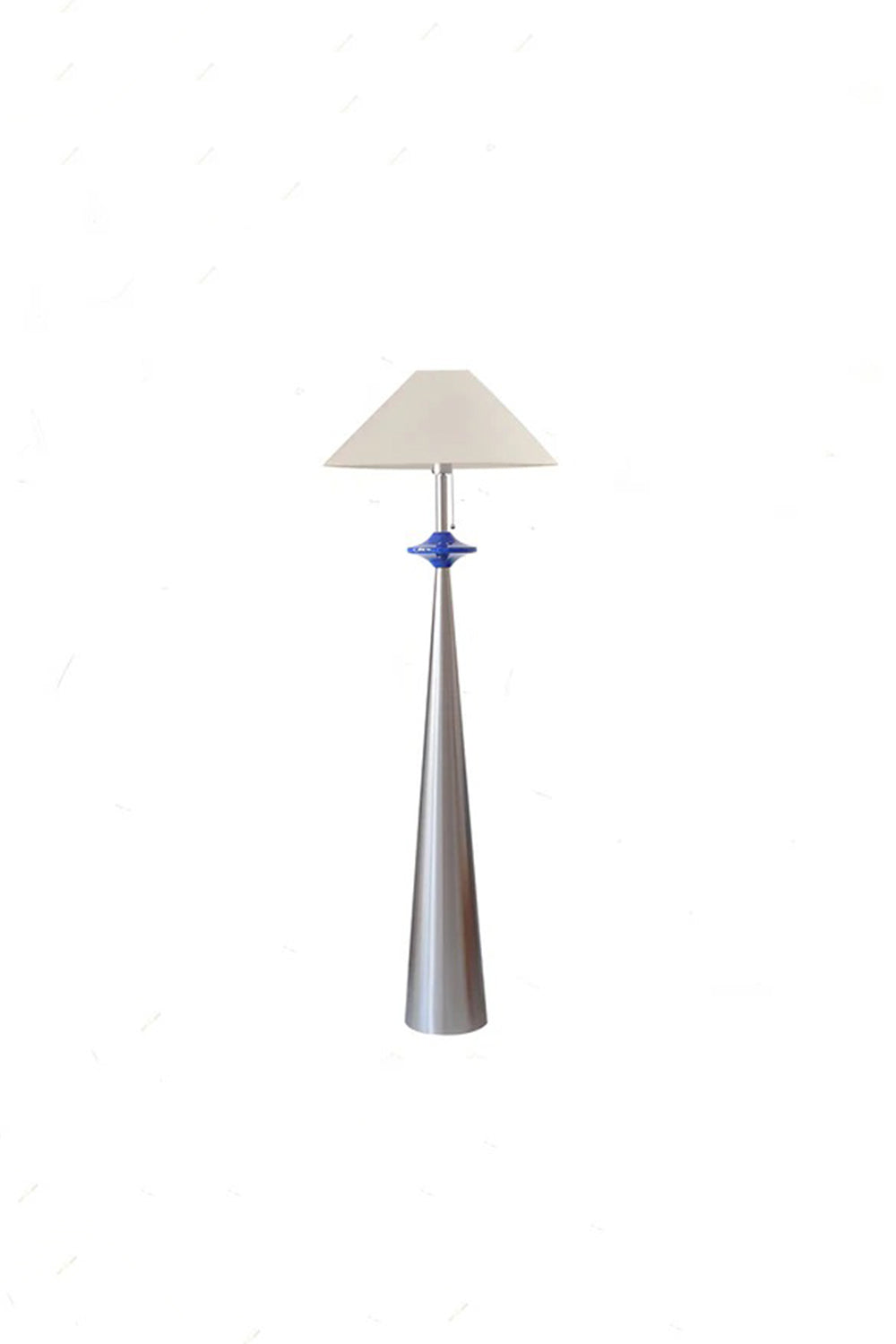 Lazuro Postmodern Cone Floor Light | Metal, Fabric | Front studio presentation of the unlit cone floor lamp variation showing the matte white shade and cobalt blue puck | Samu Lamp