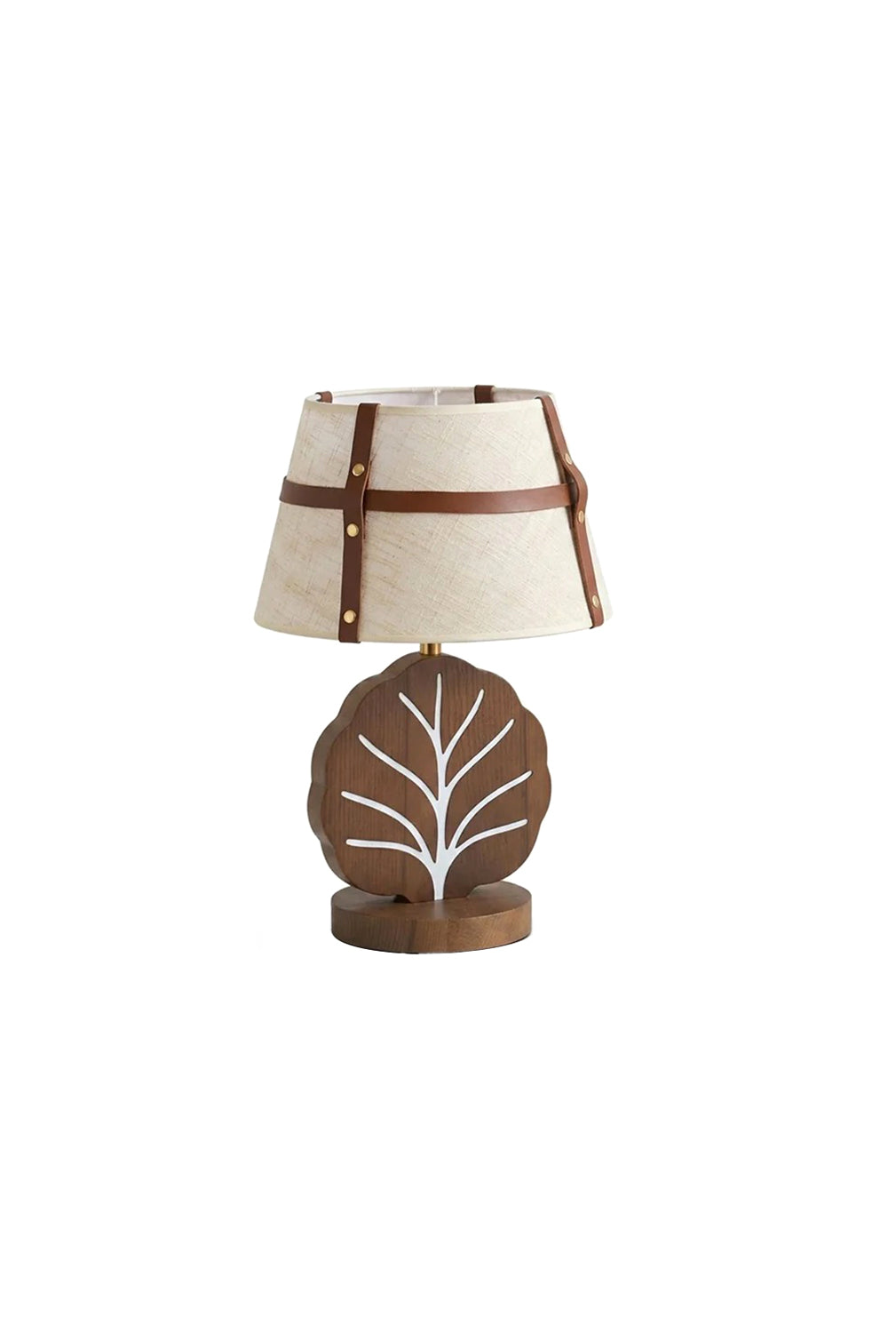 Leafora Botanical Leaf Table Light | Wood, Fabric, Leather | Isolated view of a rustic cottage-style table lamp featuring a cream woven fabric drum shade wrapped in brown leather straps on a sculpted wooden leaf-shaped base with white inlaid veins | White background | Samu Lamp