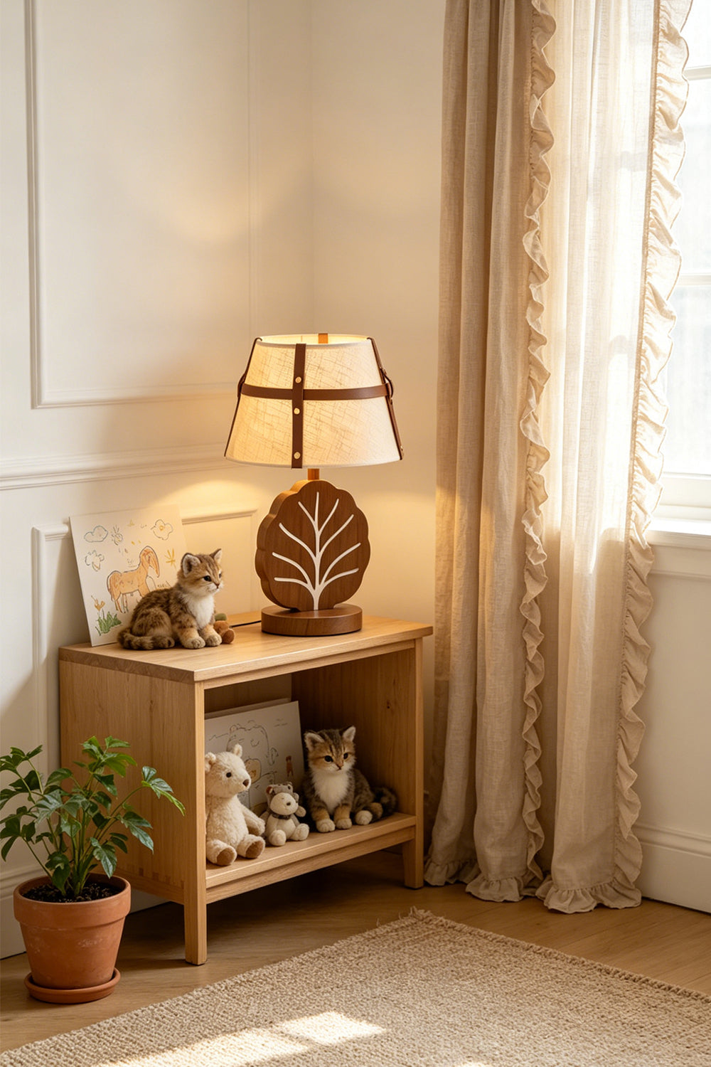 Leafora Botanical Leaf Table Light | Wood, Fabric, Leather | Providing a warm ambient glow on a small wooden console shelf in a sunlit room corner decorated with green potted plants | Samu Lamp