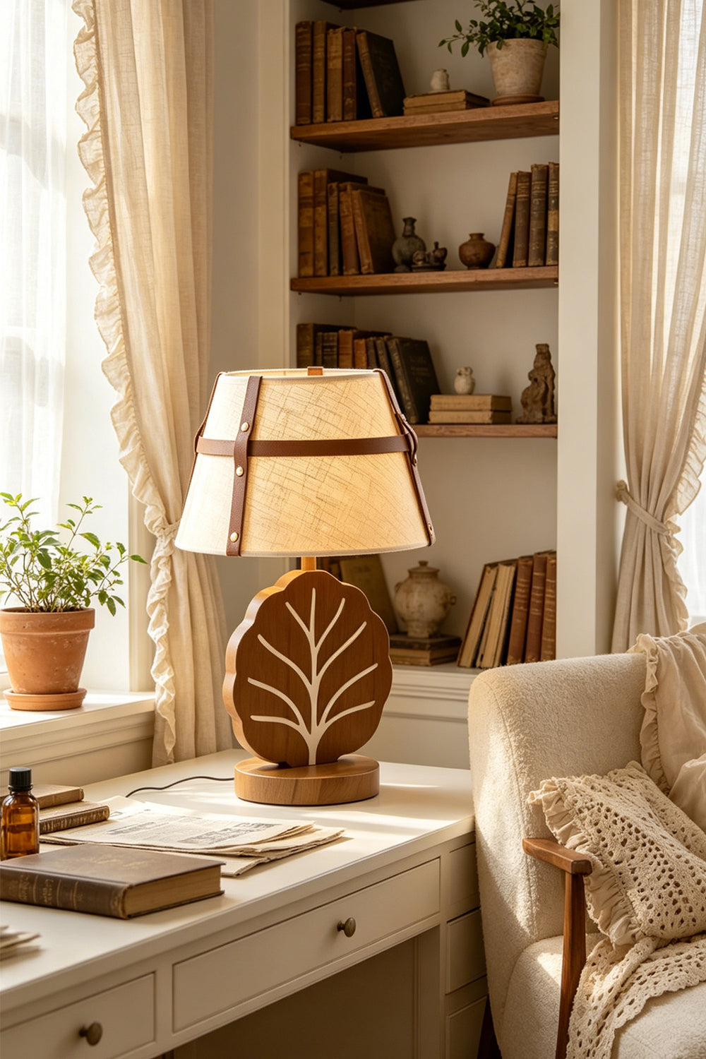 Leafora Botanical Leaf Table Light | Wood, Fabric, Leather | Positioned as a charming reading lamp on a white wooden writing desk in a rustic home library setup with bookshelves | Samu Lamp